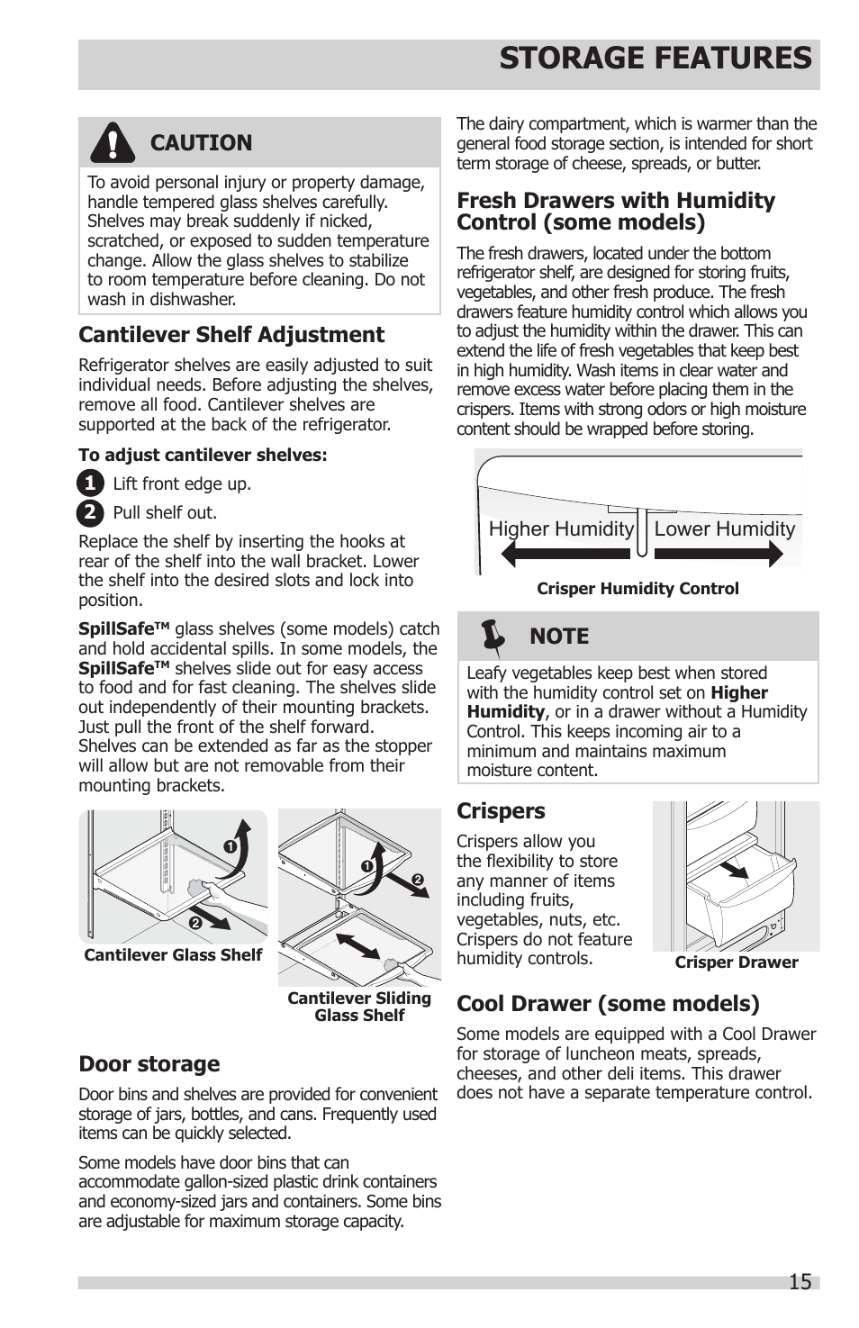 Storage features, Caution, Cantilever shelf adjustment | Door storage, Cool drawer (some models), Crispers, Fresh drawers with humidity control (some models) | FRIGIDAIRE FPHS2399PF User Manual | Page 15 / 32
