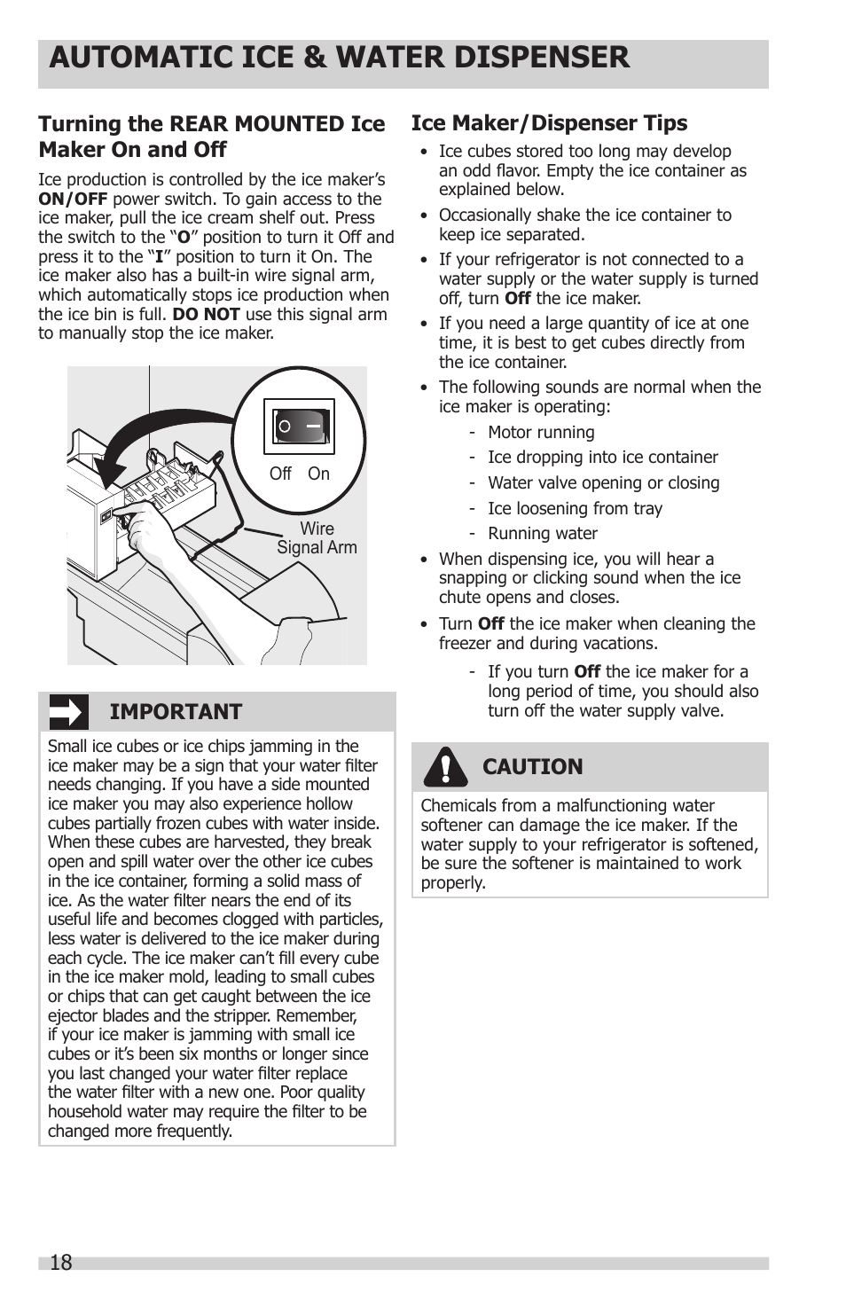 Automatic ice & water dispenser, Turning the rear mounted ice maker on and off, Important | Ice maker/dispenser tips, Caution | FRIGIDAIRE FPHS2399PF User Manual | Page 18 / 32