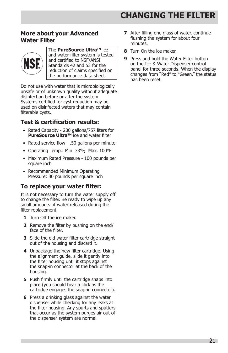 Changing the filter, Test & certification results, More about your advanced water filter | FRIGIDAIRE FPHS2399PF User Manual | Page 21 / 32