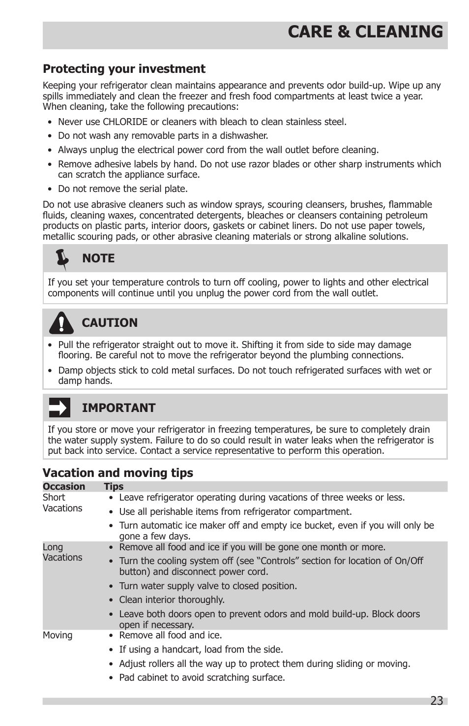 Care & cleaning | FRIGIDAIRE FPHS2399PF User Manual | Page 23 / 32