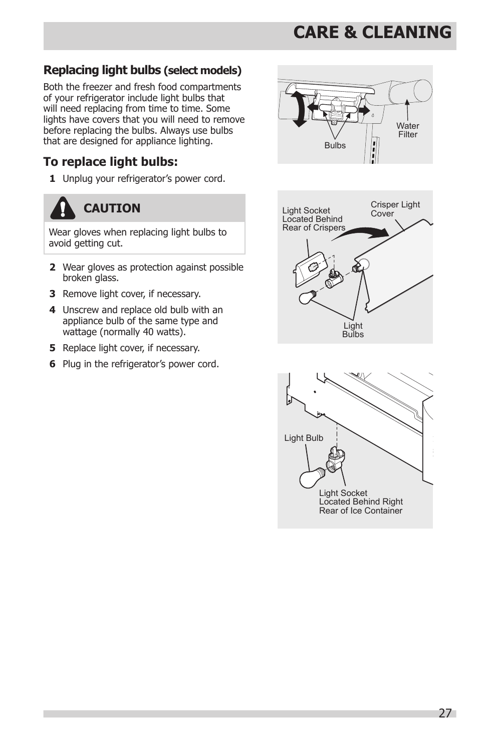 Care & cleaning, 27 replacing light bulbs, Caution | FRIGIDAIRE FPHS2399PF User Manual | Page 27 / 32