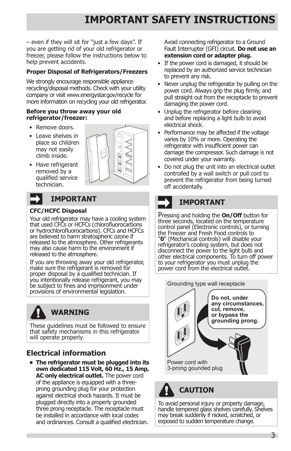 Important safety instructions, Electrical information, Warning | Important p, Caution, Important | FRIGIDAIRE FPHS2399PF User Manual | Page 3 / 32