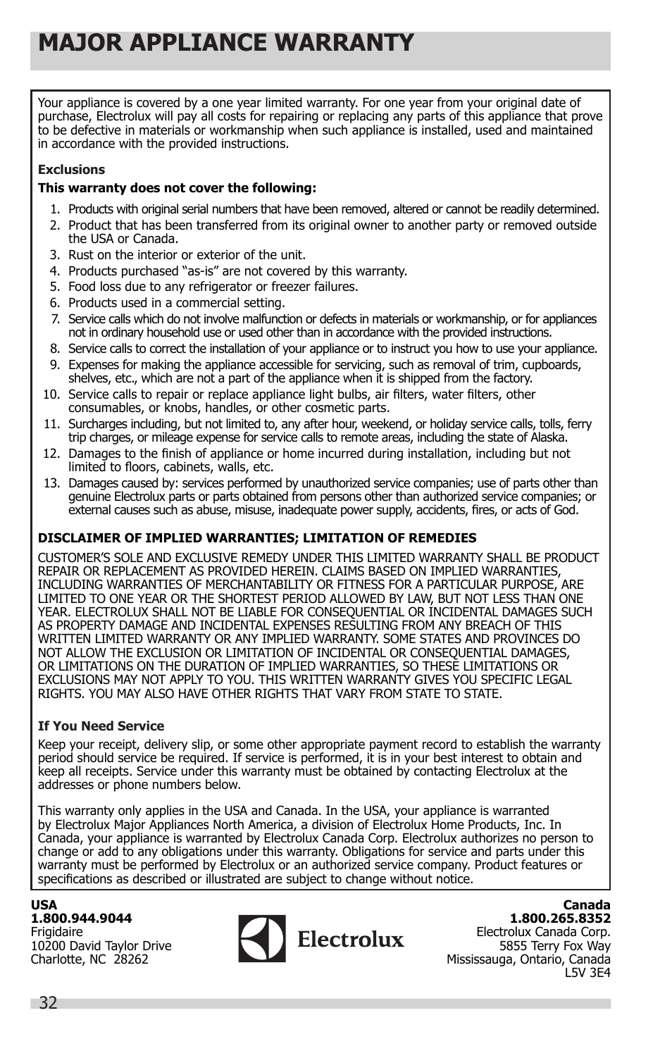 Major appliance warranty | FRIGIDAIRE FPHS2399PF User Manual | Page 32 / 32