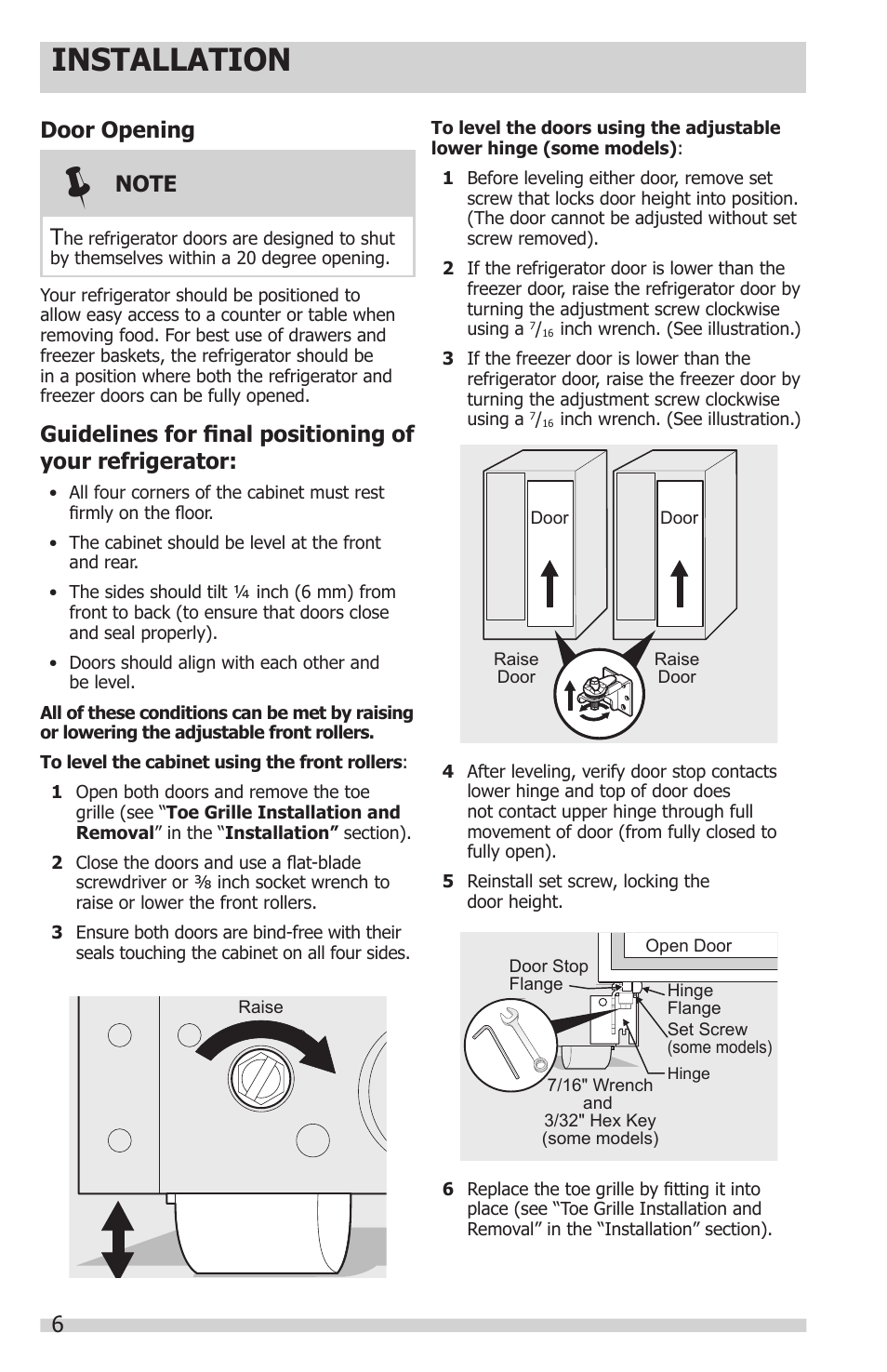 Installation, Door opening | FRIGIDAIRE FPHS2399PF User Manual | Page 6 / 32