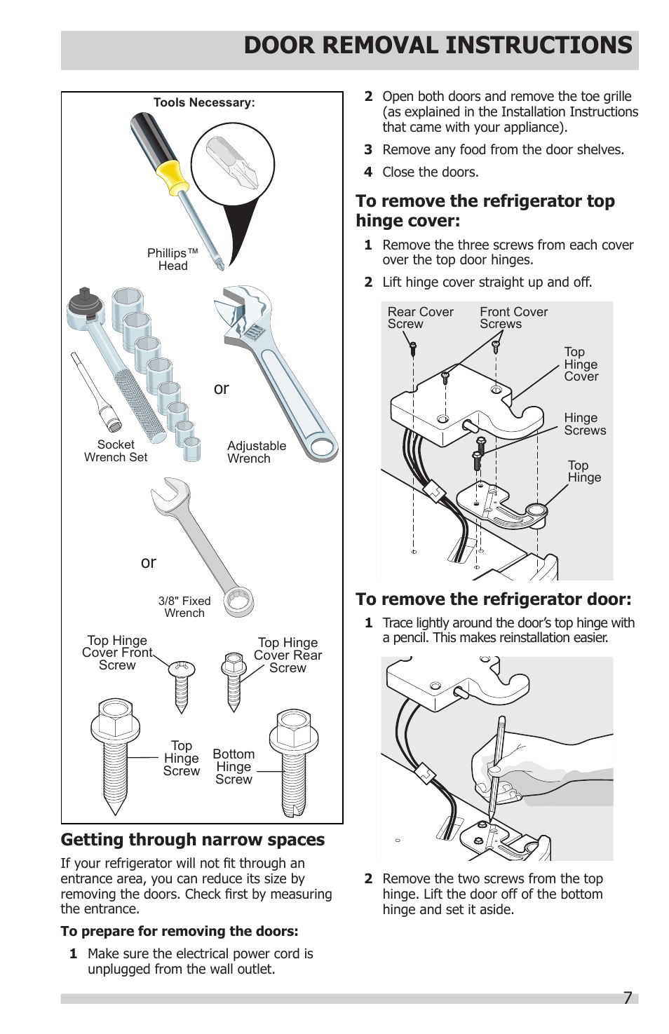 Door removal instructions, Getting through narrow spaces | FRIGIDAIRE FPHS2399PF User Manual | Page 7 / 32
