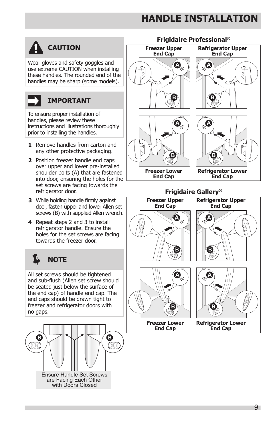 Handle installation, Important, Caution | FRIGIDAIRE FPHS2399PF User Manual | Page 9 / 32