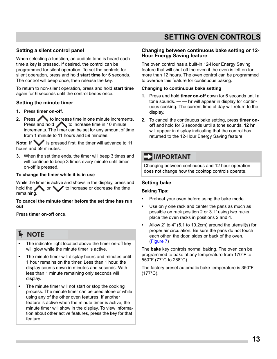 13 setting oven controls, Important | FRIGIDAIRE FFGS3025PS User Manual | Page 13 / 25
