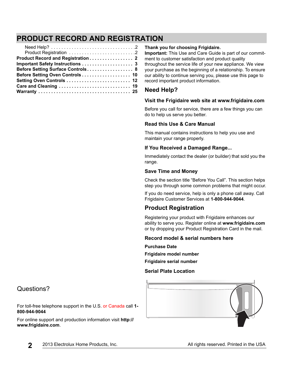 Product record and registration, Questions | FRIGIDAIRE FFGS3025PS User Manual | Page 2 / 25