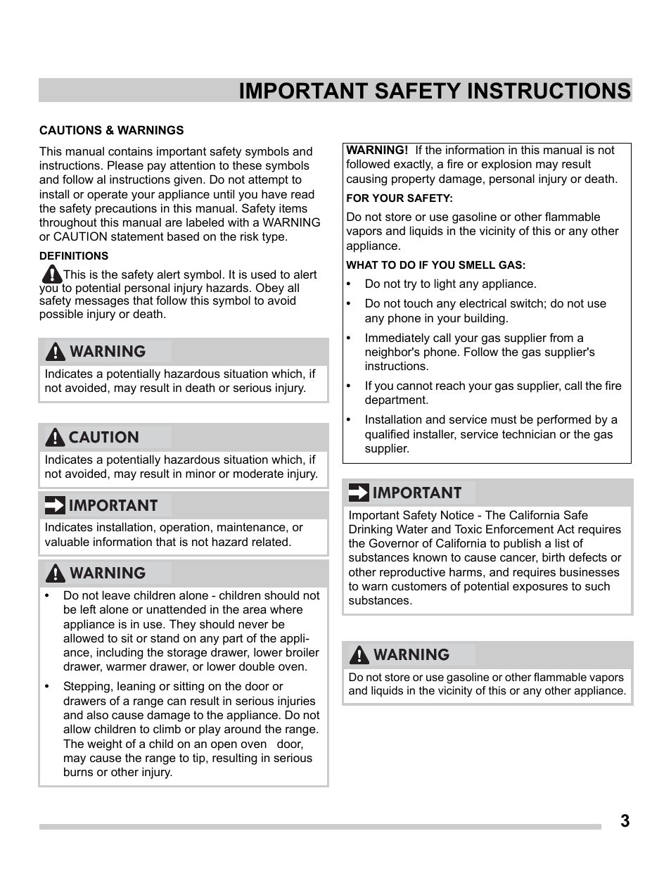 Important safety instructions, Warning caution important warning, Important warning | FRIGIDAIRE FFGS3025PS User Manual | Page 3 / 25