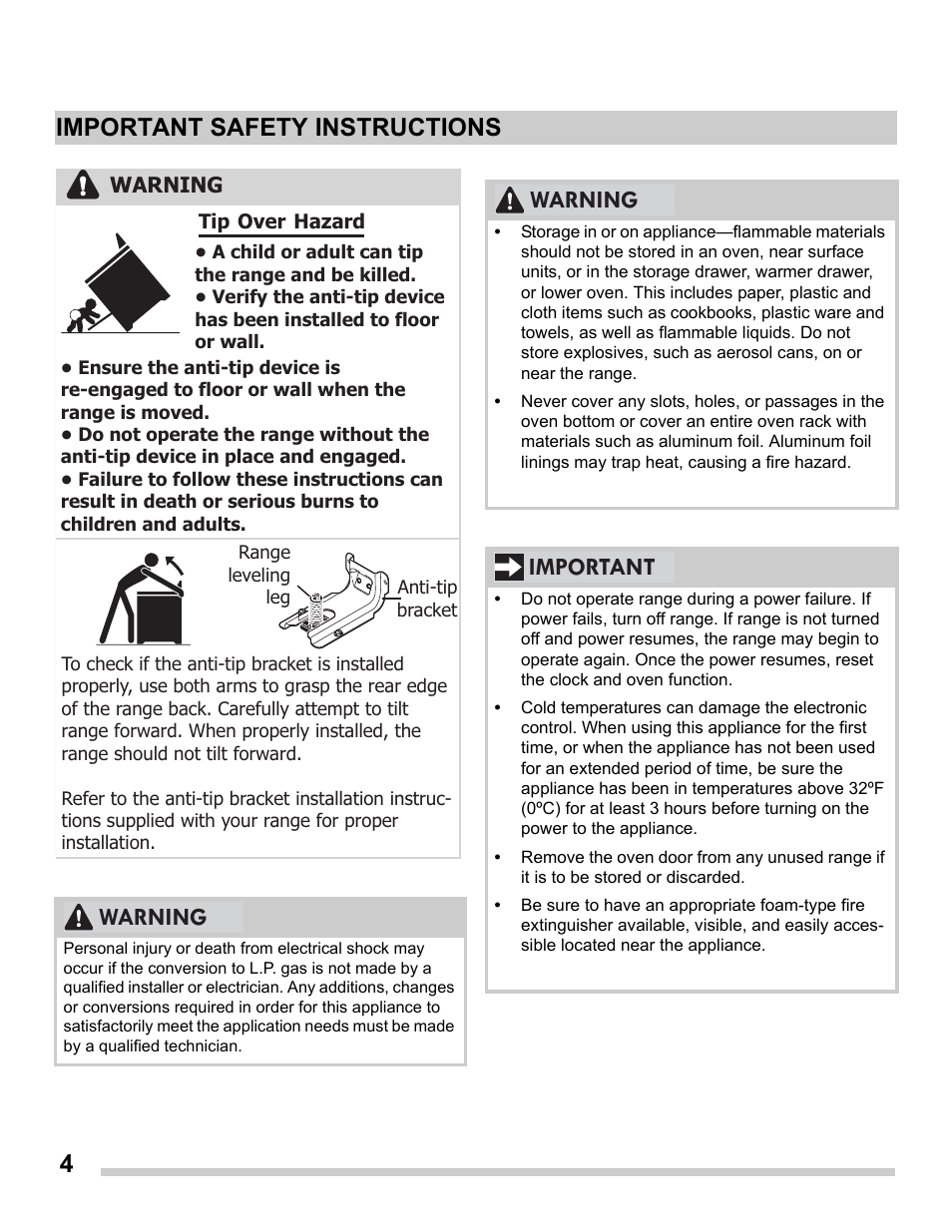 4important safety instructions, Warning, Warning important | FRIGIDAIRE FFGS3025PS User Manual | Page 4 / 25