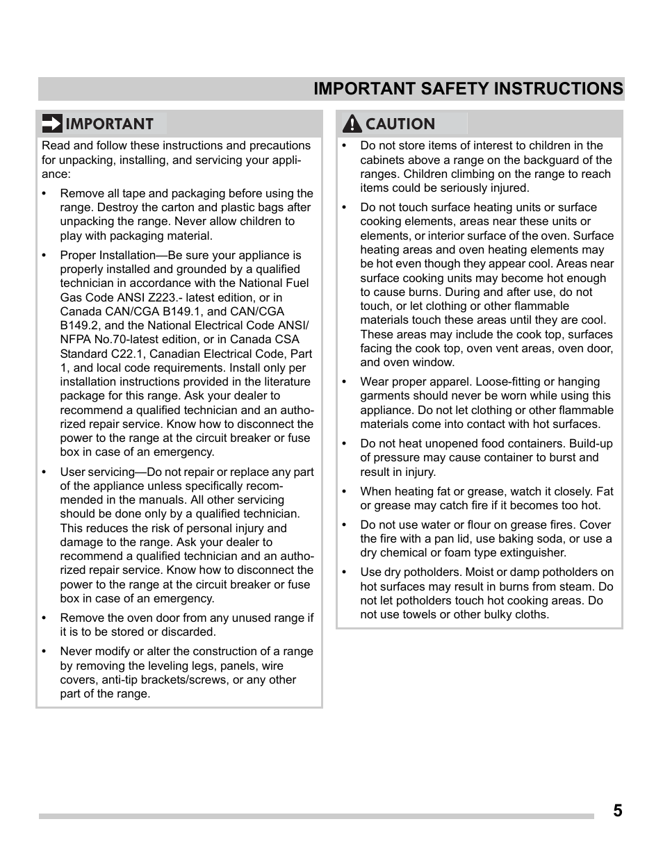 5important safety instructions, Important, Caution | FRIGIDAIRE FFGS3025PS User Manual | Page 5 / 25