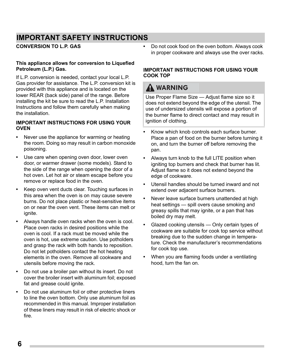 6important safety instructions, Warning | FRIGIDAIRE FFGS3025PS User Manual | Page 6 / 25