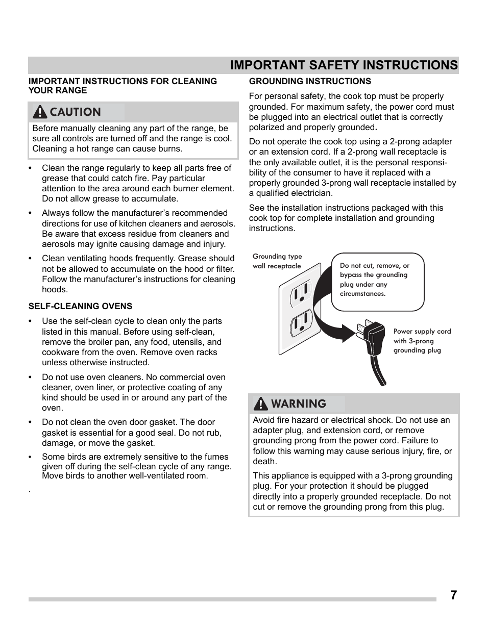 7important safety instructions, Caution, Warning | FRIGIDAIRE FFGS3025PS User Manual | Page 7 / 25