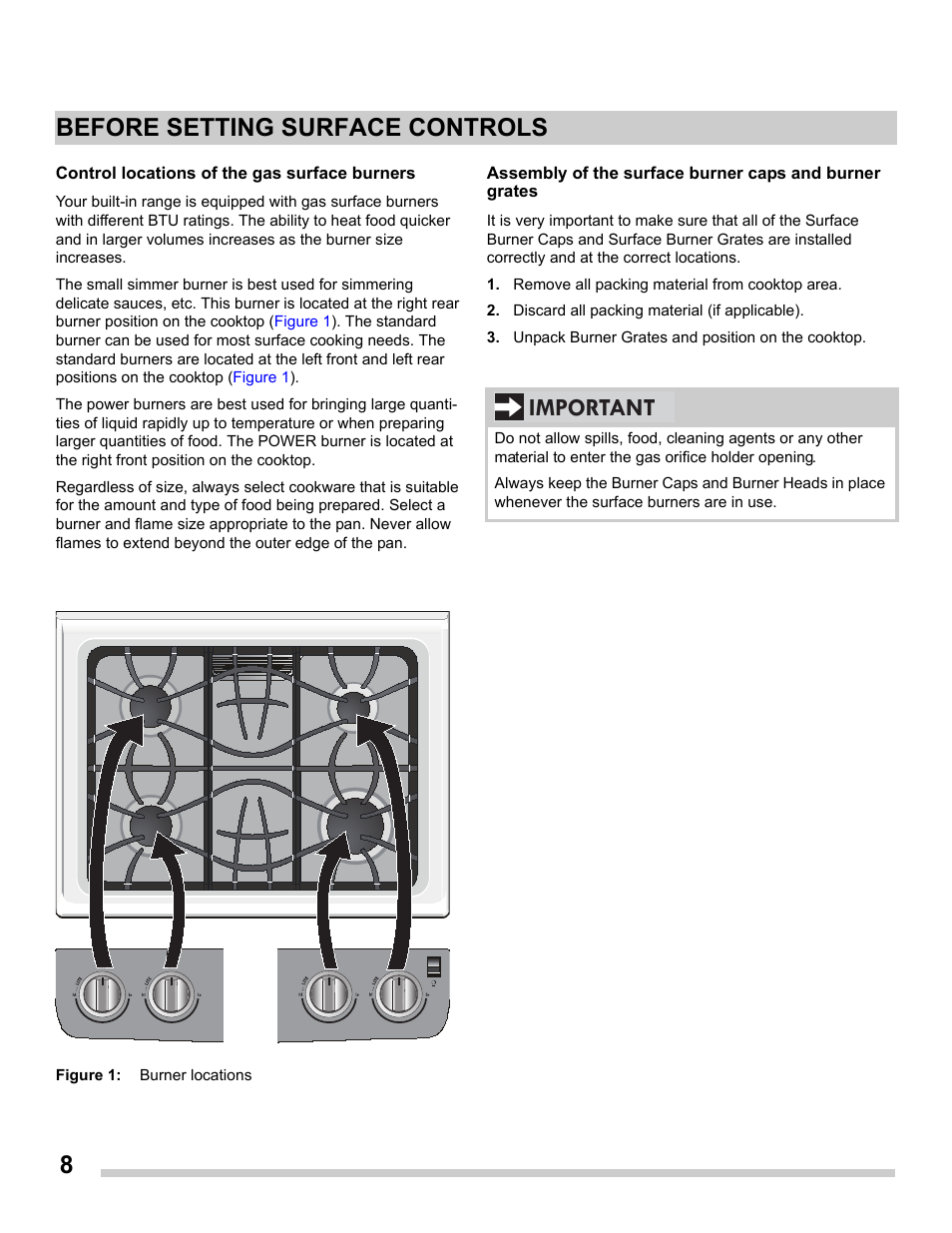 Important before setting surface controls | FRIGIDAIRE FFGS3025PS User Manual | Page 8 / 25