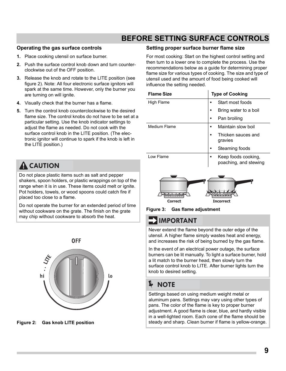 9before setting surface controls, Caution | FRIGIDAIRE FFGS3025PS User Manual | Page 9 / 25
