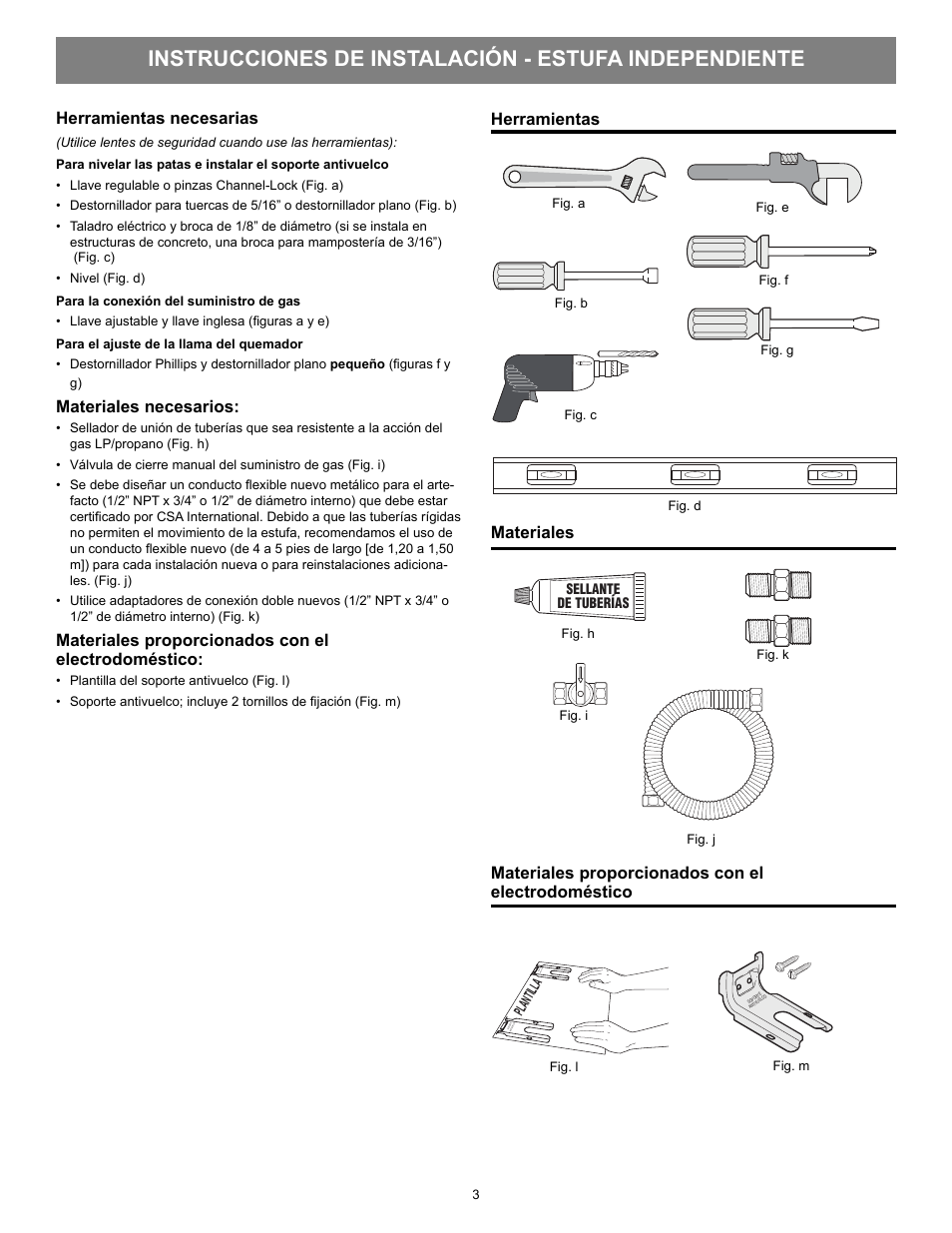 Herramientas necesarias, Materiales necesarios, Materiales proporcionados con el electrodoméstico | Herramientas, Materiales | FRIGIDAIRE FFGF3021ZW User Manual | Page 13 / 20