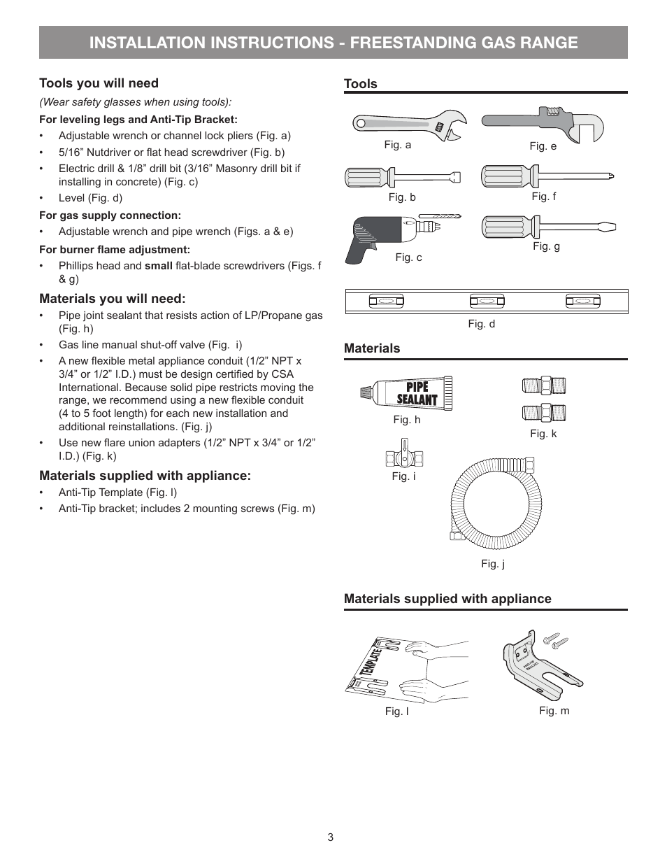 Installation instructions - freestanding gas range | FRIGIDAIRE FFGF3021ZW User Manual | Page 3 / 20