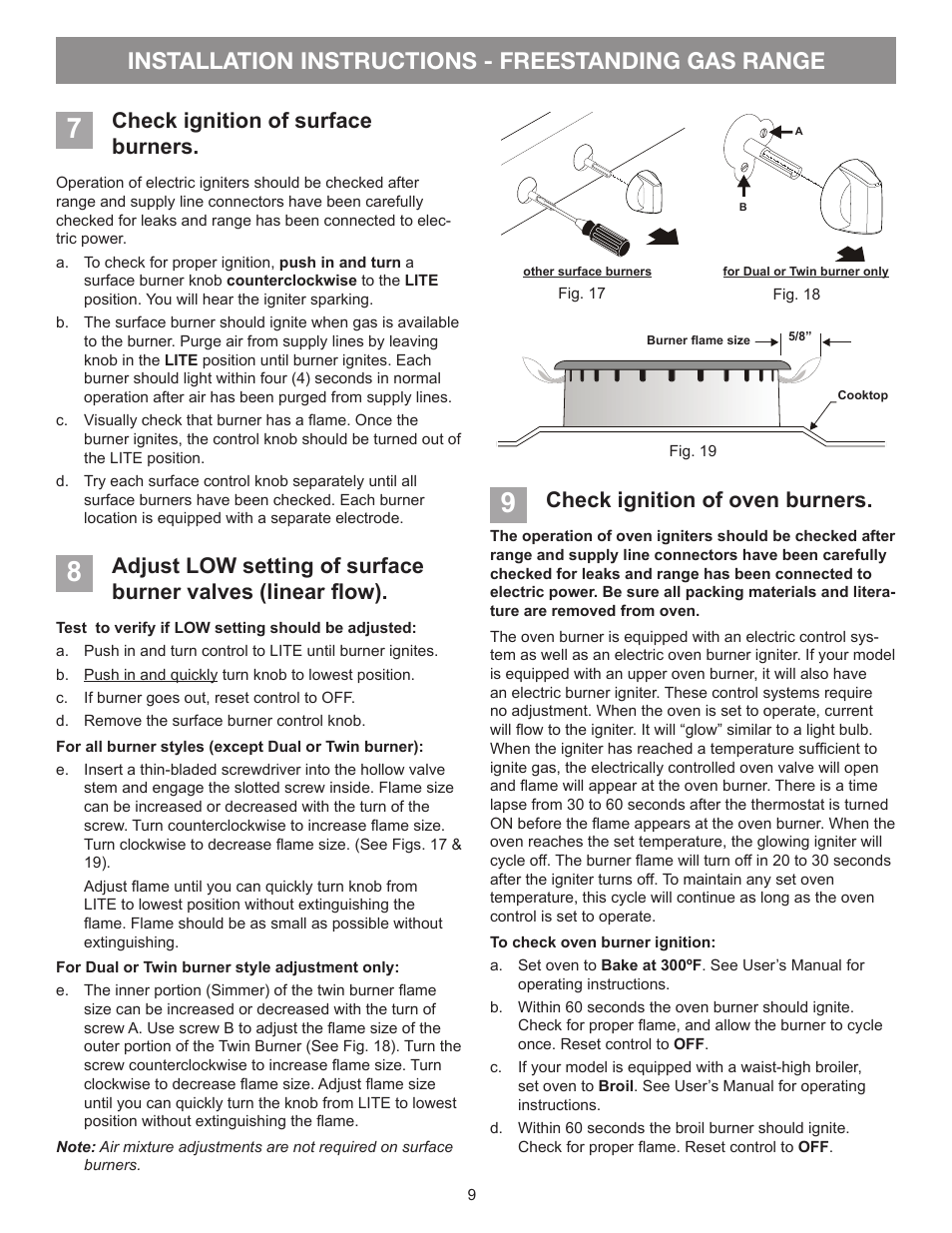 Installation instructions - freestanding gas range, Check ignition of oven burners, Check ignition of surface burners | FRIGIDAIRE FFGF3021ZW User Manual | Page 9 / 20