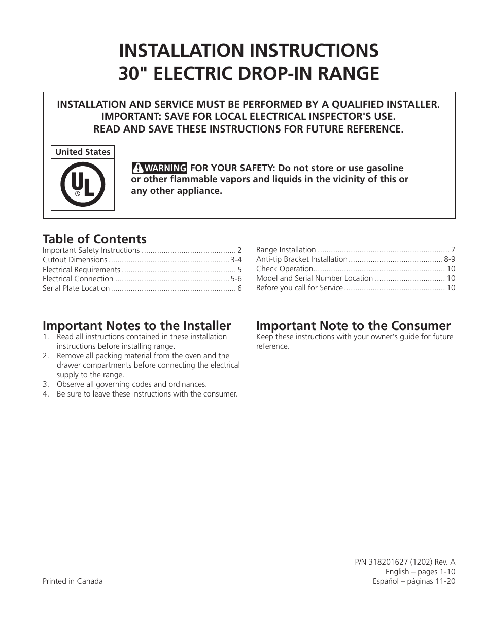 FRIGIDAIRE FFED3025LW User Manual | 20 pages