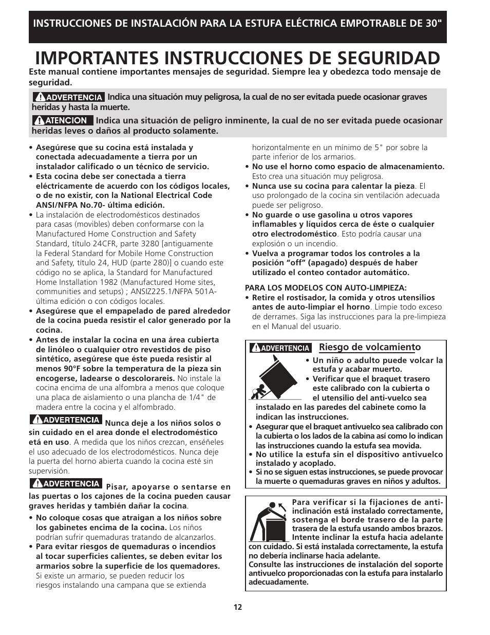 Importantes instrucciones de seguridad | FRIGIDAIRE FFED3025LW User Manual | Page 12 / 20
