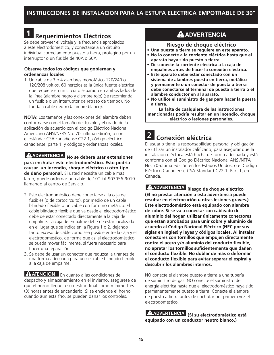 Requerimientos eléctricos, Conexión eléctrica | FRIGIDAIRE FFED3025LW User Manual | Page 15 / 20