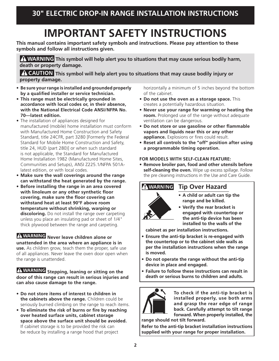 Important safety instructions, Tip over hazard | FRIGIDAIRE FFED3025LW User Manual | Page 2 / 20