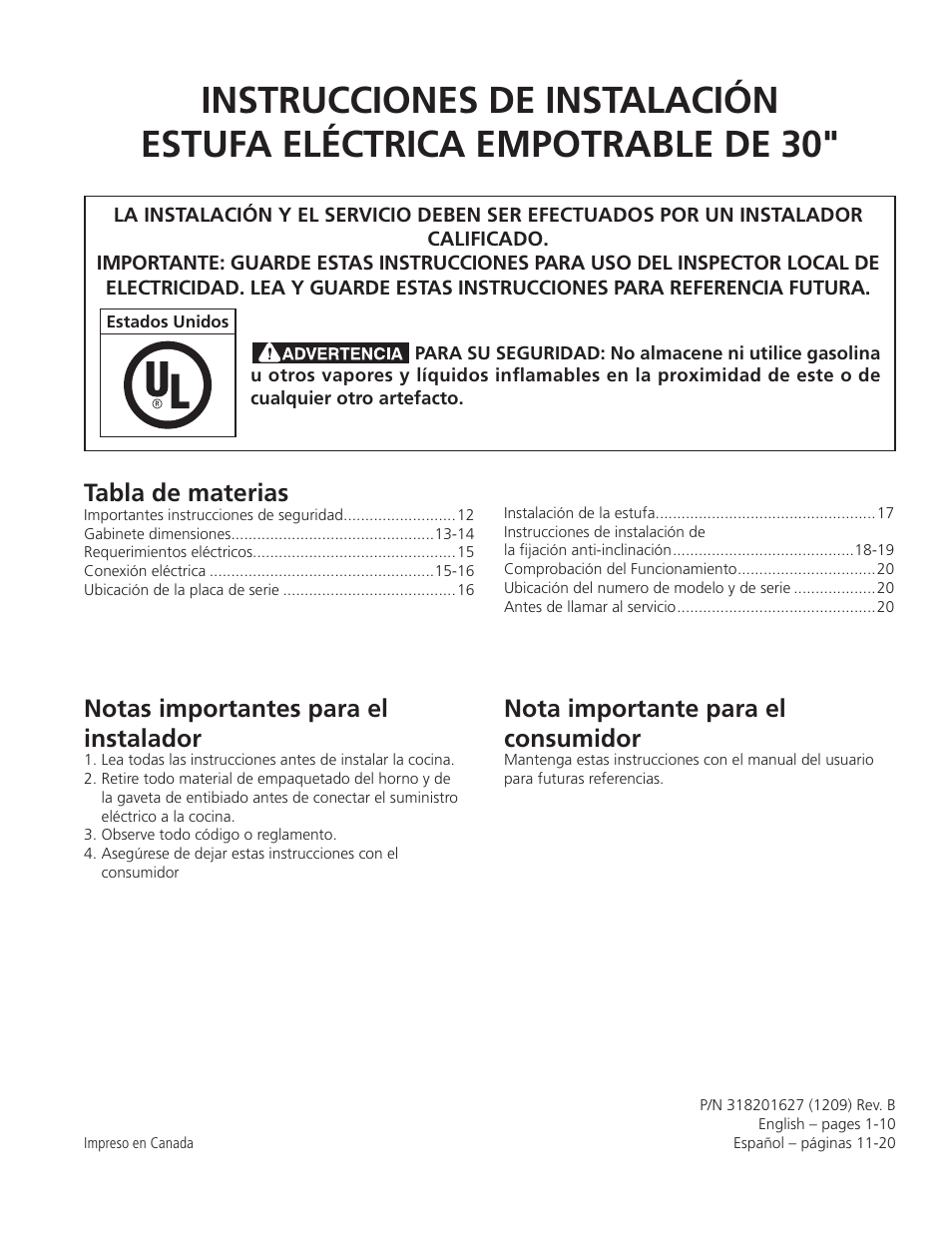 Notas importantes para el instalador, Nota importante para el consumidor, Tabla de materias | FRIGIDAIRE FFED3025PW User Manual | Page 11 / 20