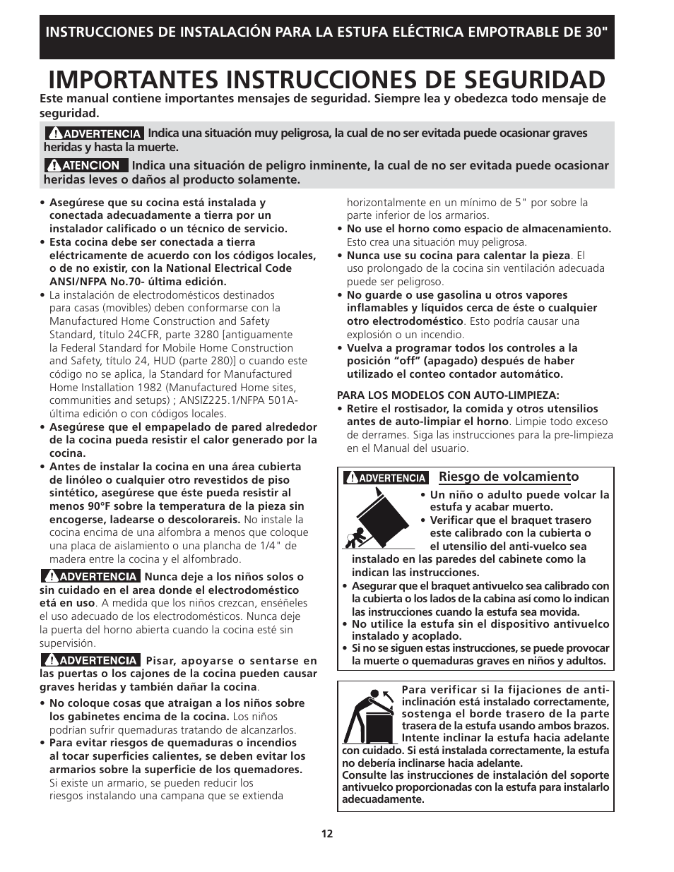 Importantes instrucciones de seguridad | FRIGIDAIRE FFED3025PW User Manual | Page 12 / 20