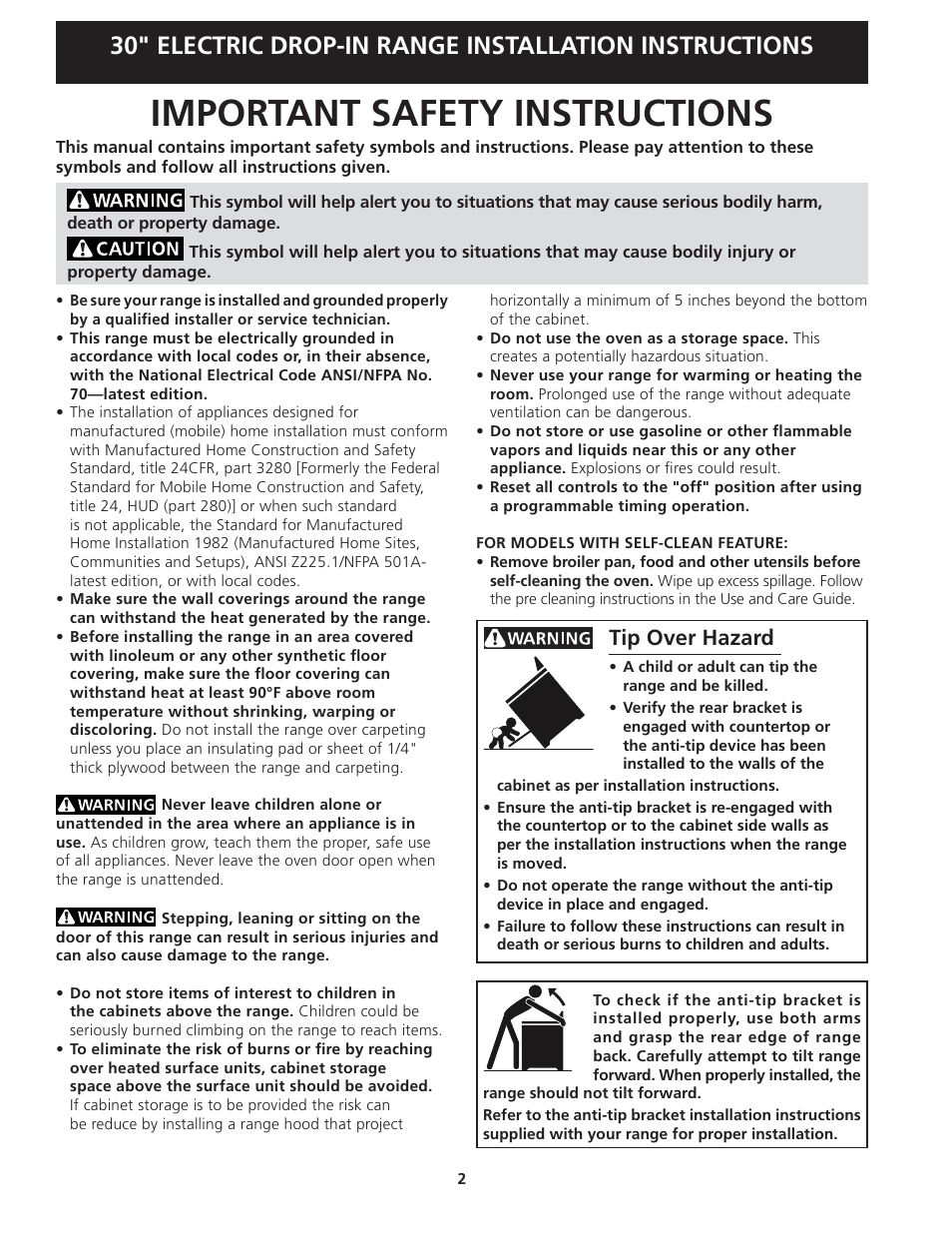 Important safety instructions, Tip over hazard | FRIGIDAIRE FFED3025PW User Manual | Page 2 / 20