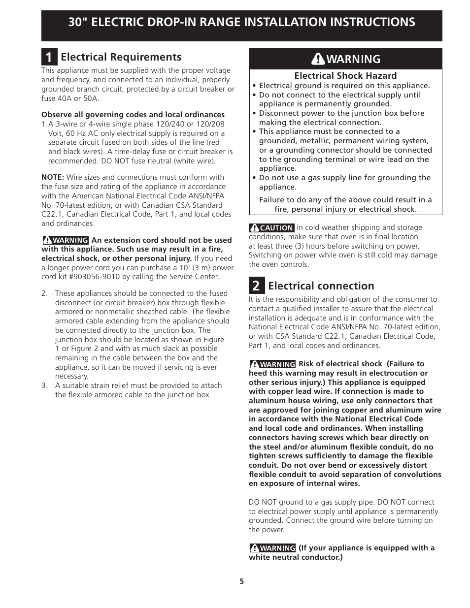 Electrical requirements, Electrical connection | FRIGIDAIRE FFED3025PW User Manual | Page 5 / 20