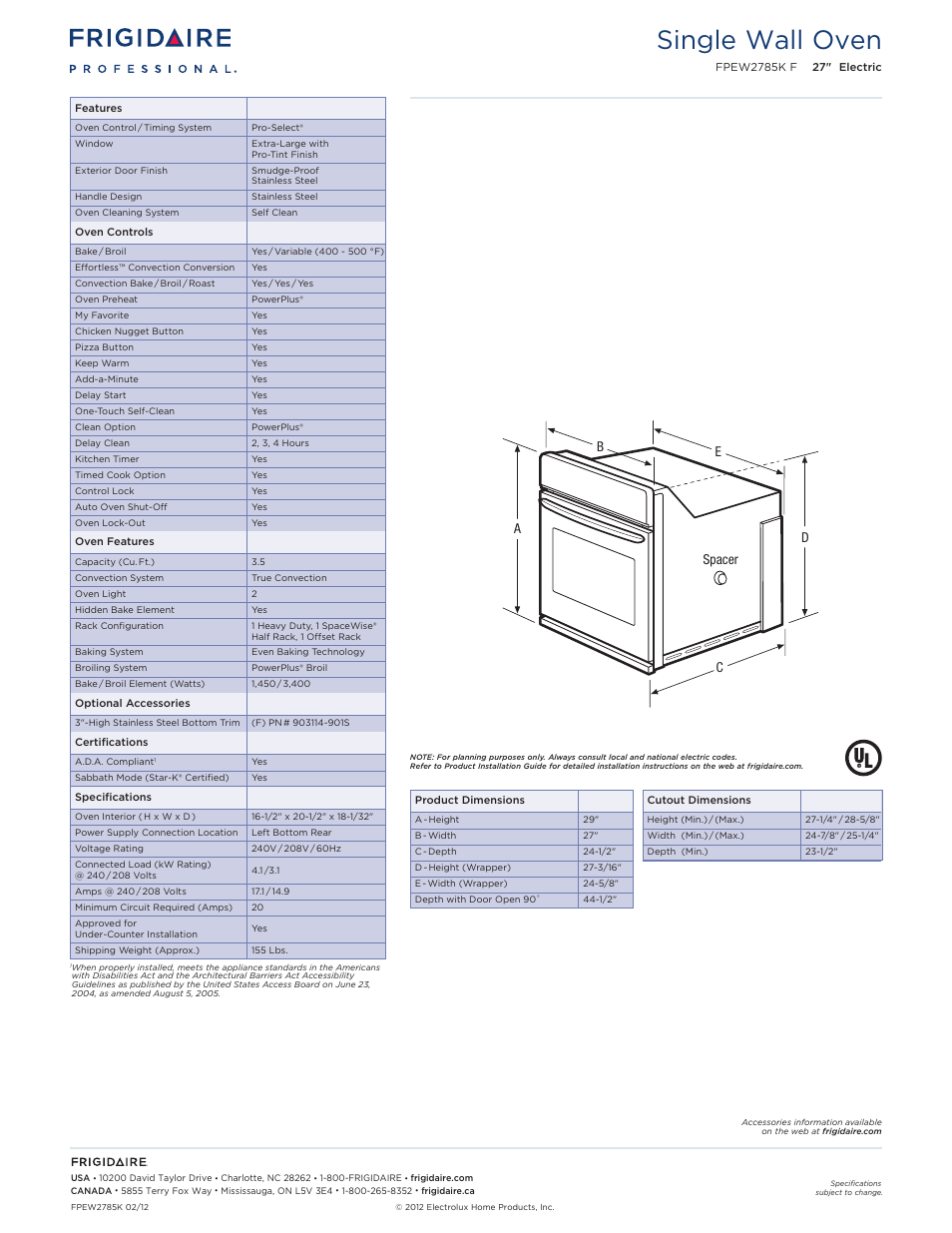 Single electric wall ovens frigidaire baseline, Single wall oven | FRIGIDAIRE FPEW2785KF User Manual | Page 2 / 12