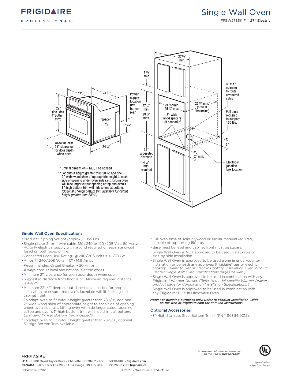 27" single electric wall oven professional, Single wall oven | FRIGIDAIRE FPEW2785KF User Manual | Page 3 / 12