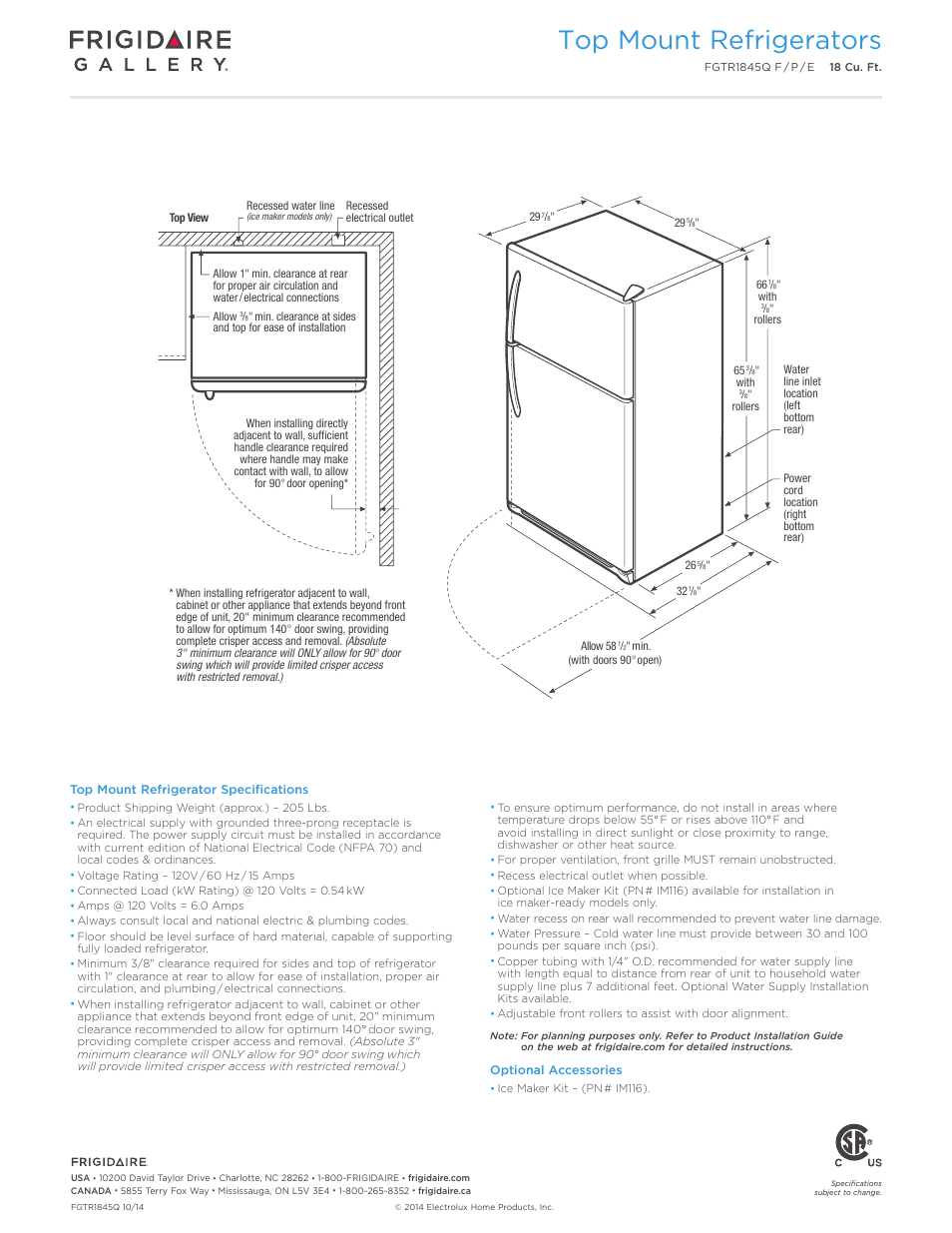Top mount refrigerator - 15 cu. ft. baseline, Top mount refrigerators | FRIGIDAIRE FGTR1845QP User Manual | Page 3 / 3