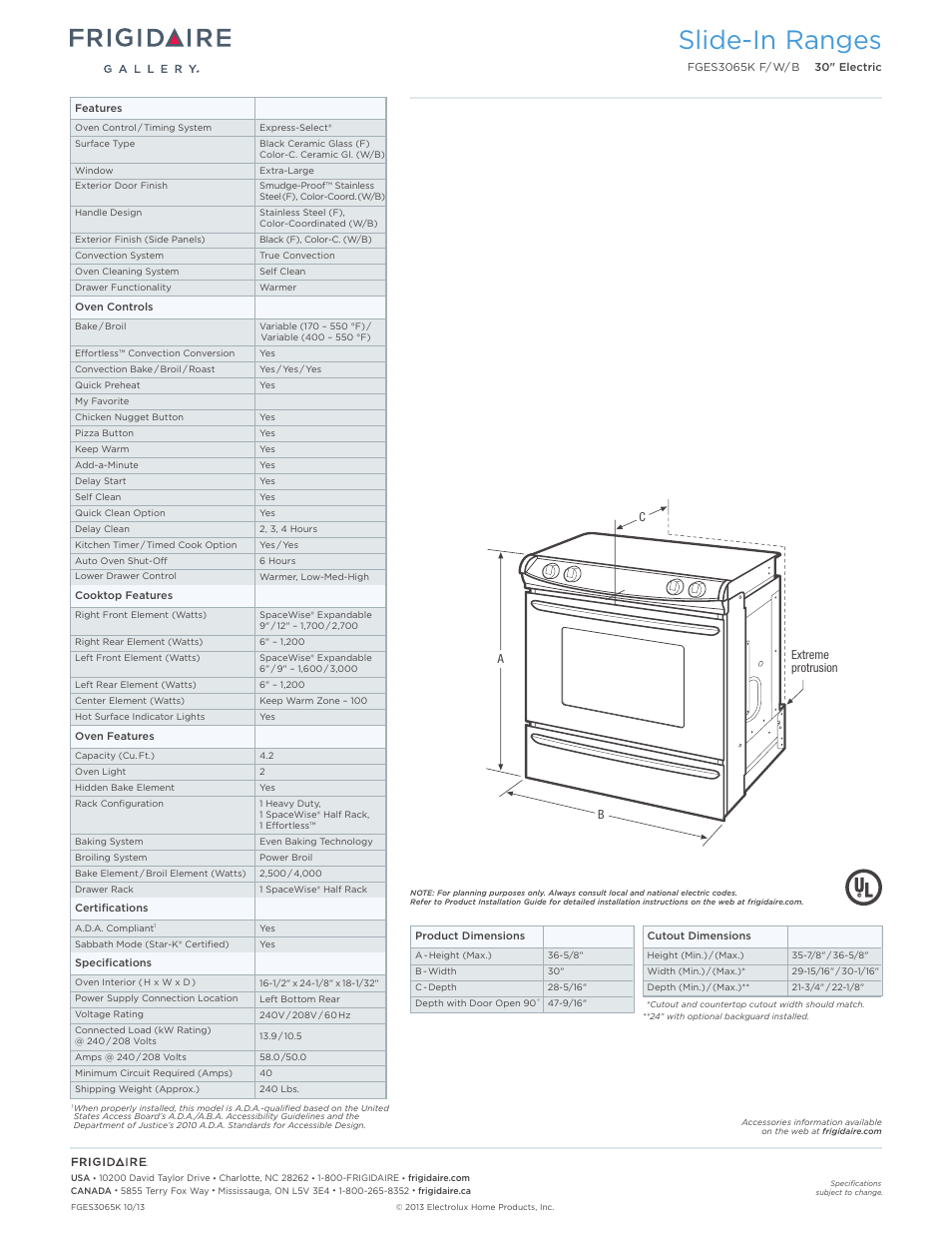 Slide-in electric ranges frigidaire baseline, Slide-in ranges | FRIGIDAIRE FGES3065KB User Manual | Page 2 / 7