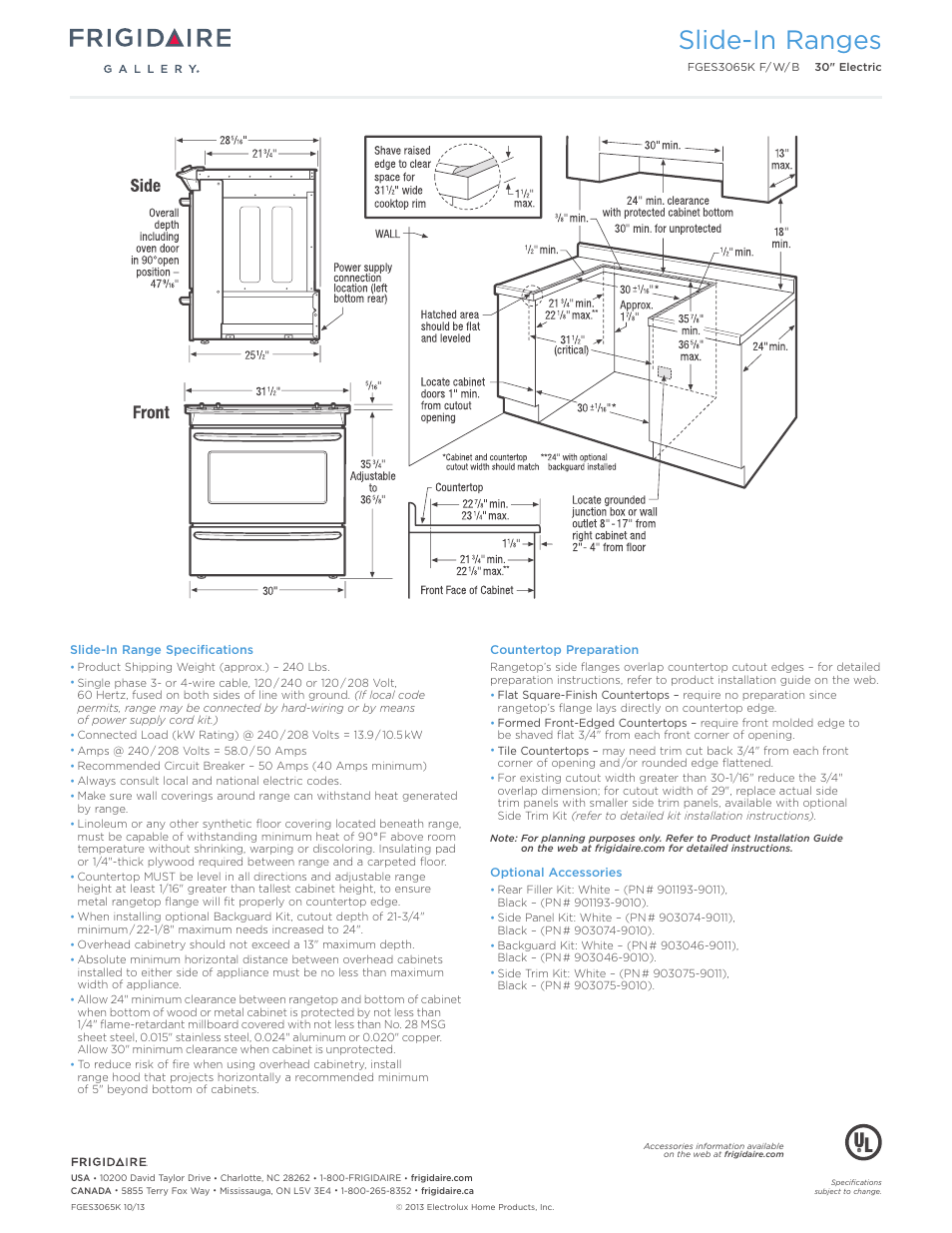 30" electric slide-in range gallery, Slide-in ranges | FRIGIDAIRE FGES3065KB User Manual | Page 3 / 7