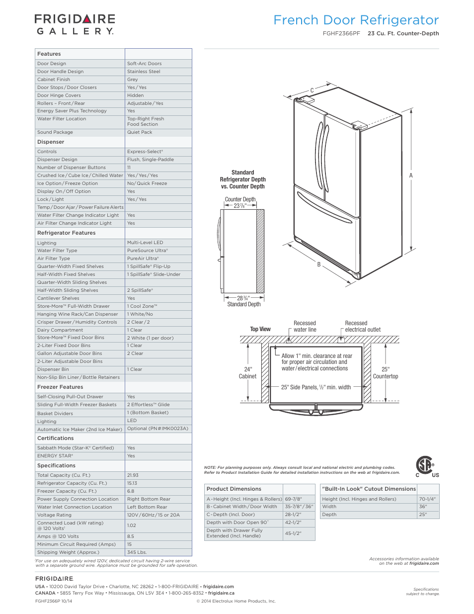 French door refrigerator | FRIGIDAIRE FGHF2366PF User Manual | Page 2 / 4