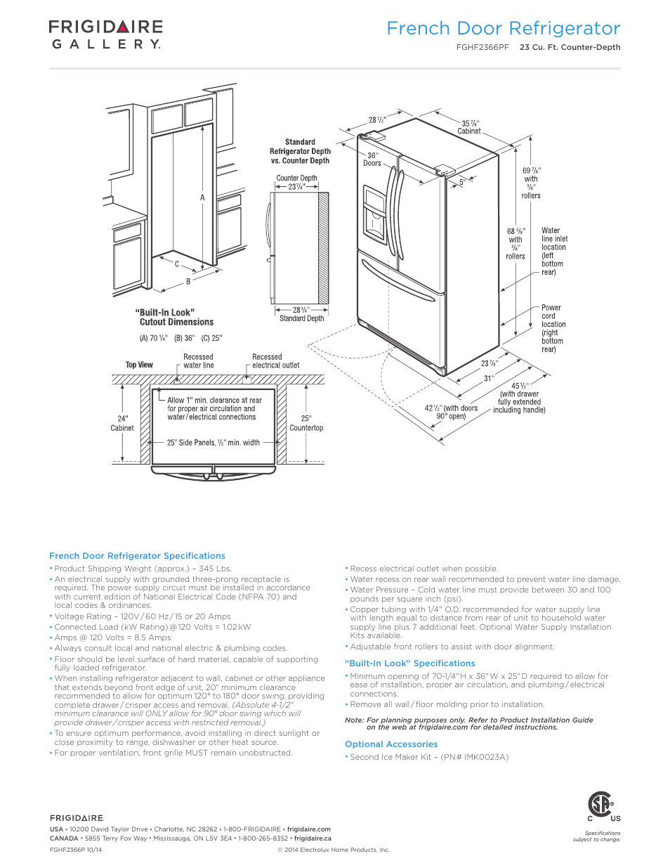 French door refrigerator | FRIGIDAIRE FGHF2366PF User Manual | Page 3 / 4