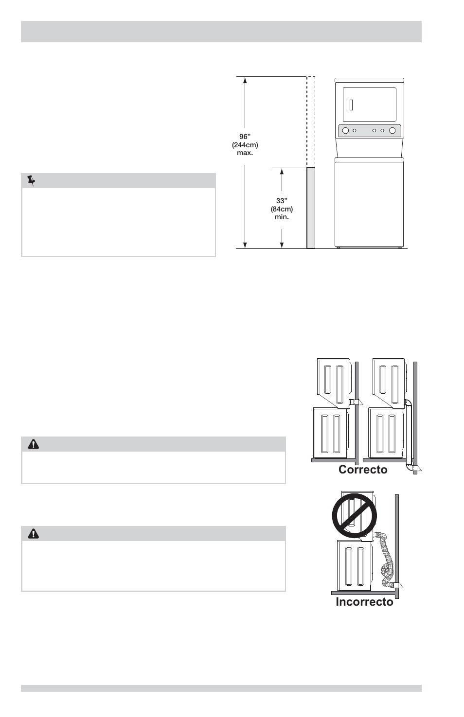 Requisitos de instalación, Correcto incorrecto, Nota | Advertencia | FRIGIDAIRE FFLG2022MW User Manual | Page 46 / 64