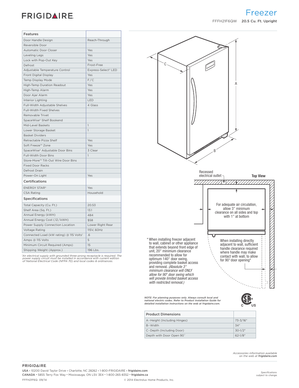 Upright freezers frigidaire gallery, Freezer | FRIGIDAIRE FFFH21F6QW User Manual | Page 2 / 3