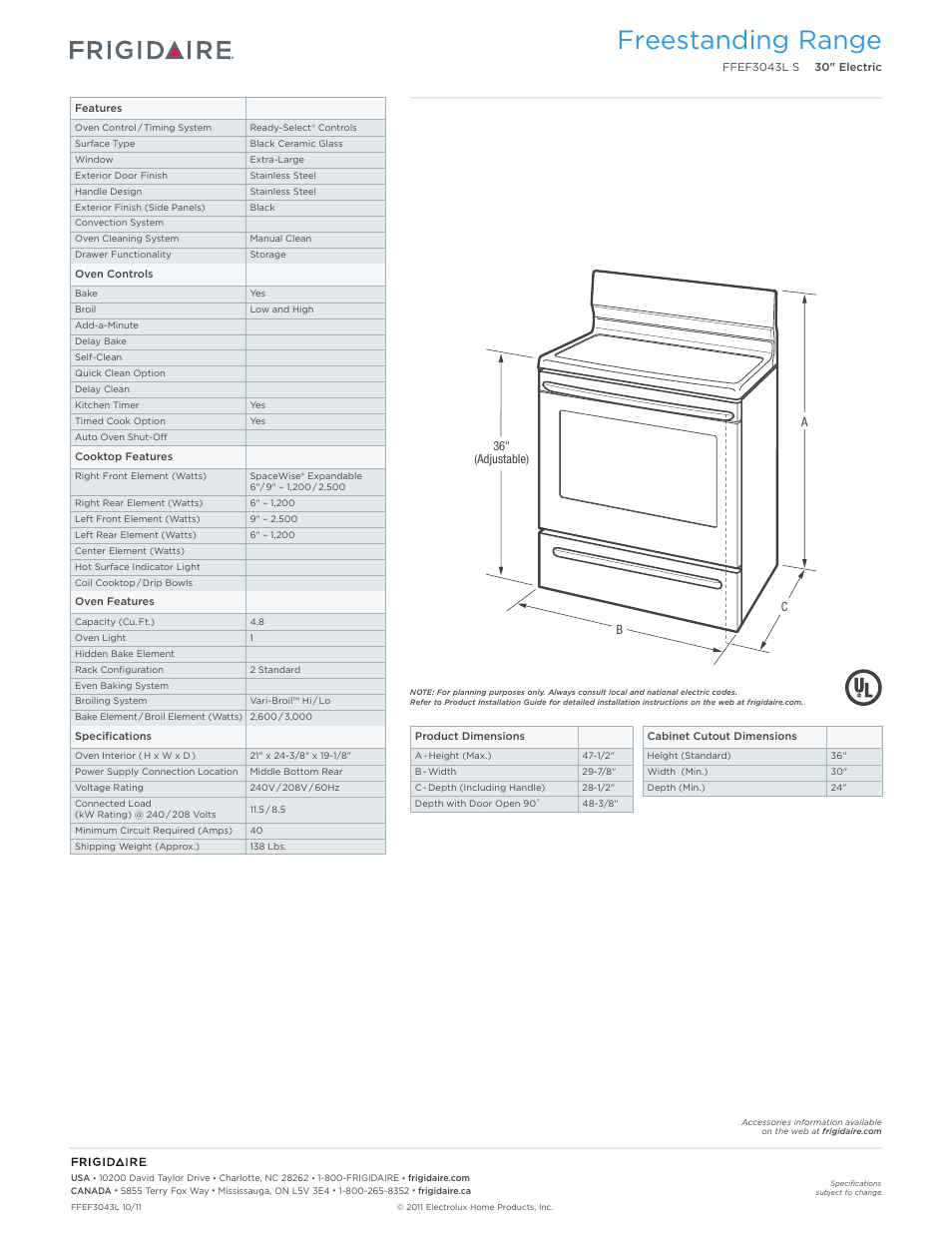 Freestanding range | FRIGIDAIRE FFEF3043LS User Manual | Page 2 / 7