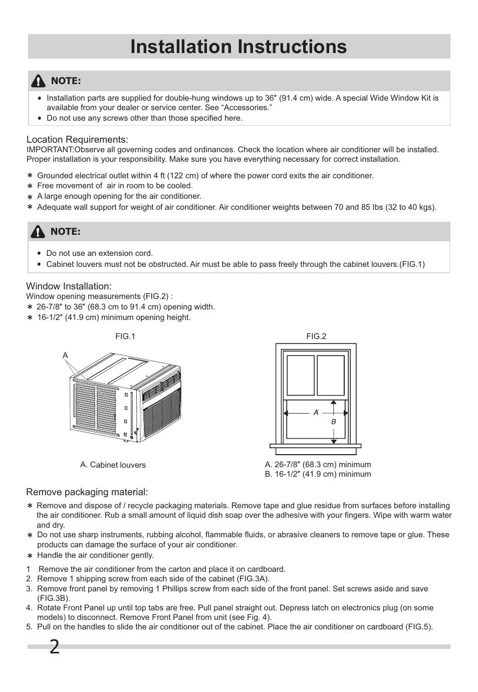 2installation instructions | FRIGIDAIRE FFRH0822Q1 User Manual | Page 2 / 6