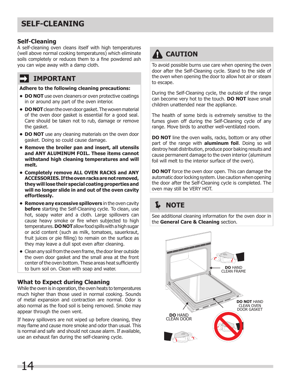 Self-cleaning, Caution, Important | FRIGIDAIRE FFET3025LS User Manual | Page 14 / 20