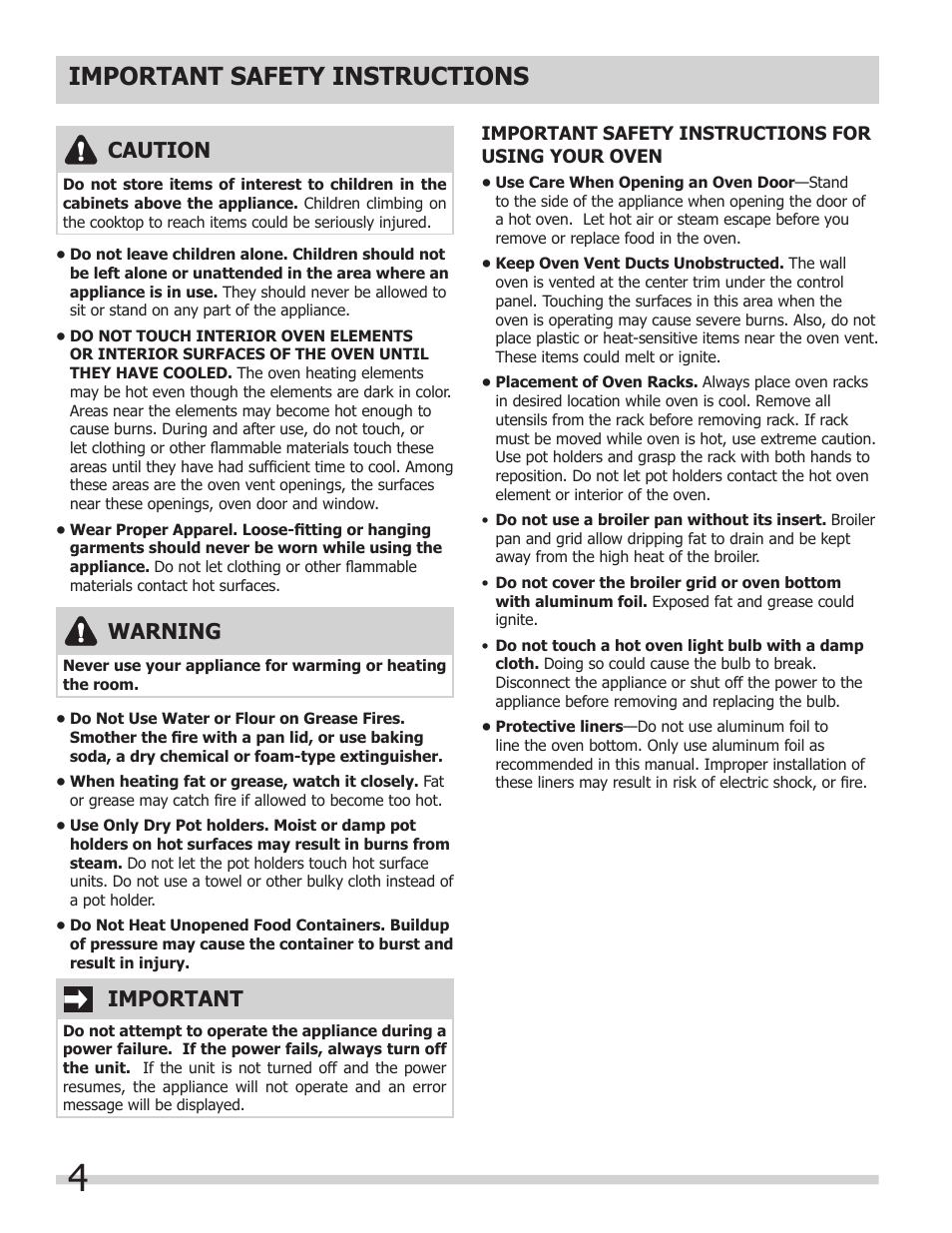 Important safety instructions, Caution, Warning | Important | FRIGIDAIRE FFET3025LS User Manual | Page 4 / 20