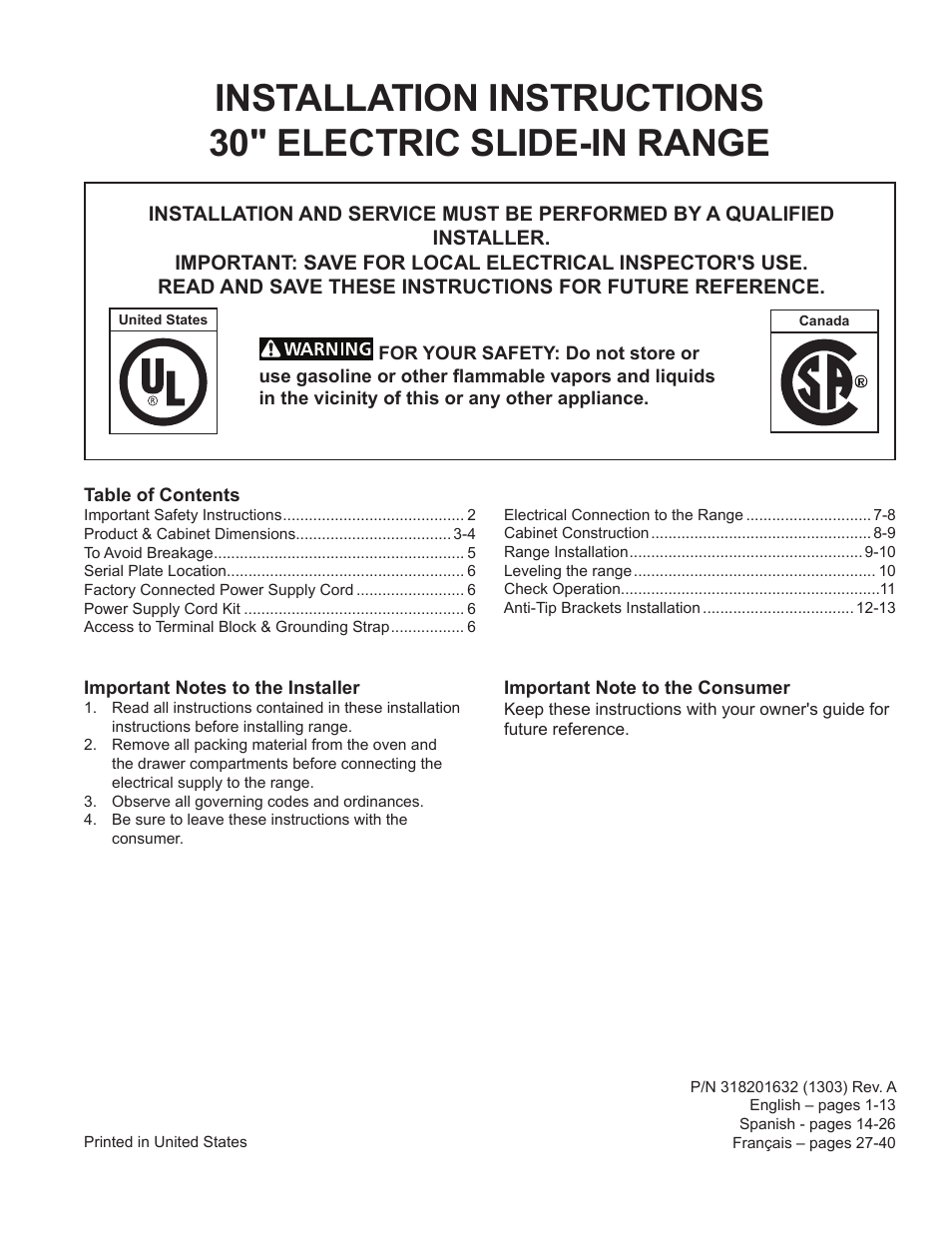 FRIGIDAIRE FFES3025PW User Manual | 40 pages