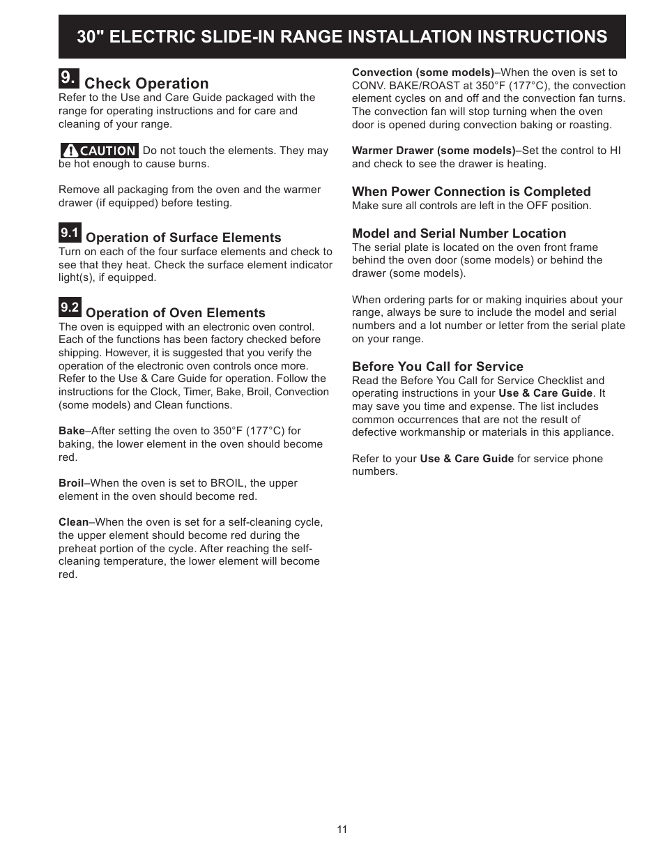 Check operation | FRIGIDAIRE FFES3025PW User Manual | Page 11 / 40