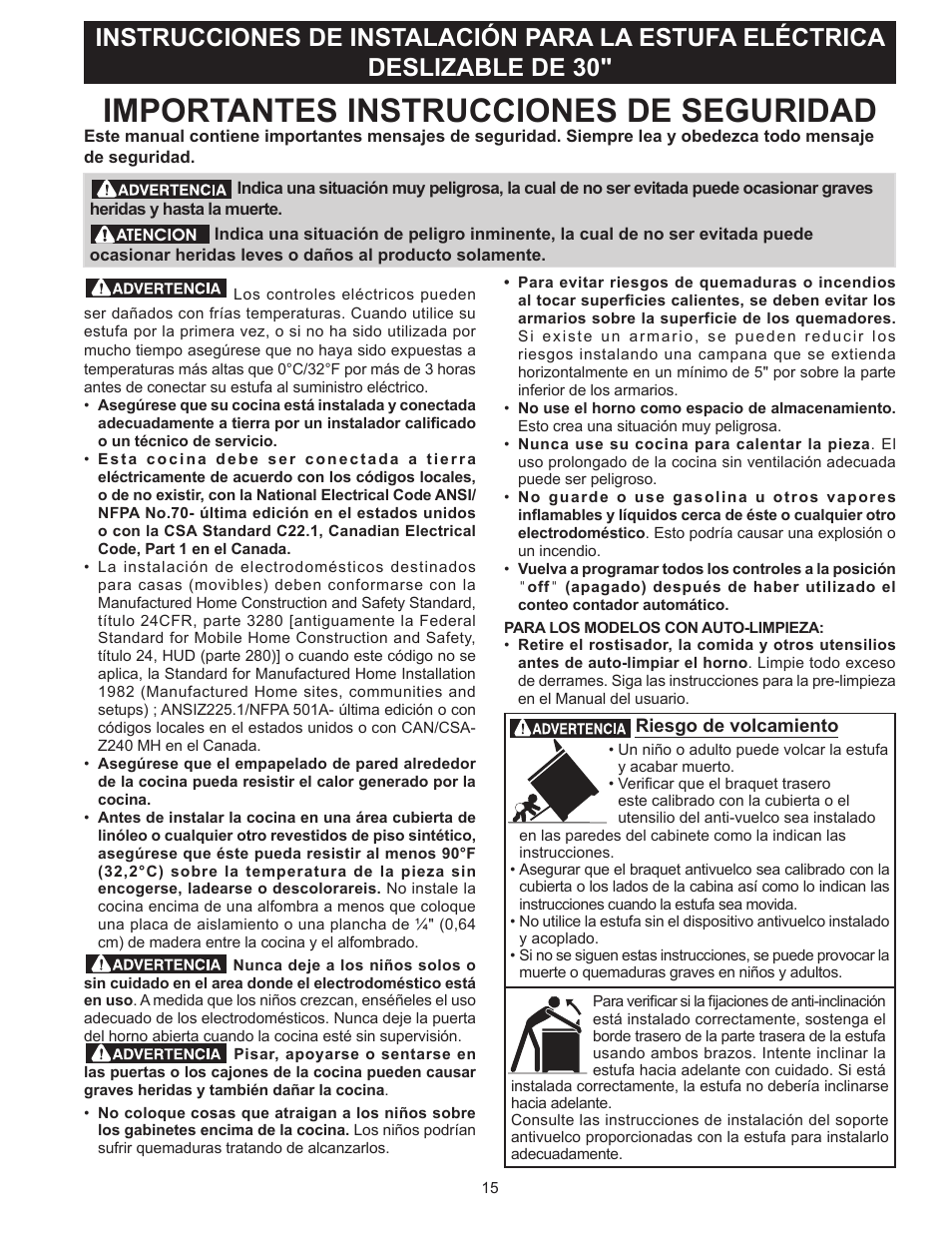 Importantes instrucciones de seguridad | FRIGIDAIRE FFES3025PW User Manual | Page 15 / 40