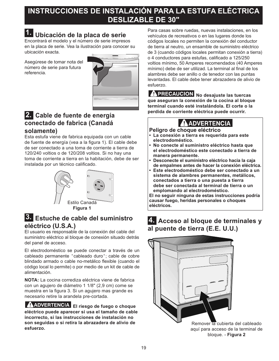 Estuche de cable del suministro eléctrico (u.s.a.), Ubicación de la placa de serie | FRIGIDAIRE FFES3025PW User Manual | Page 19 / 40