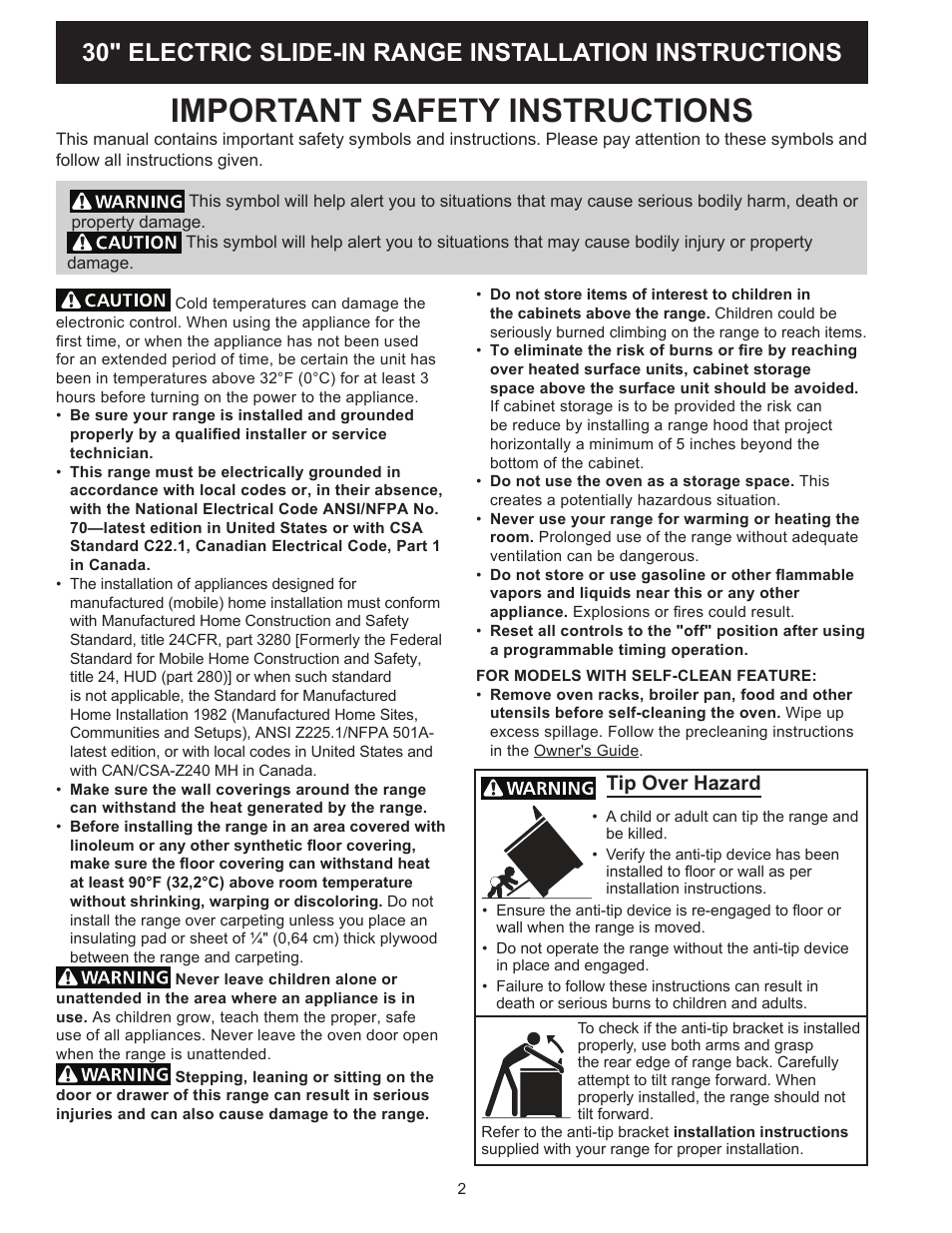 Important safety instructions, Tip over hazard | FRIGIDAIRE FFES3025PW User Manual | Page 2 / 40