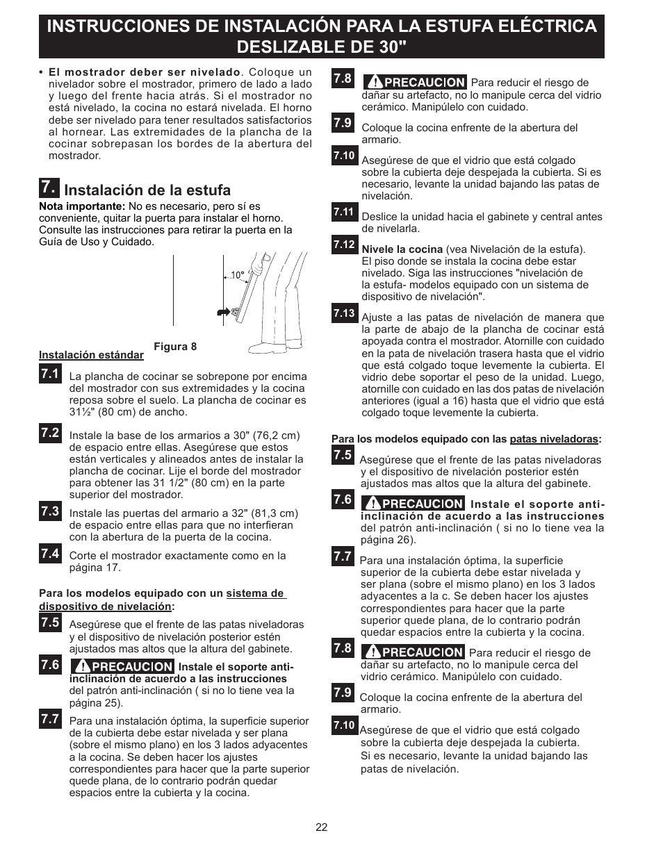 Instalación de la estufa | FRIGIDAIRE FFES3025PW User Manual | Page 22 / 40