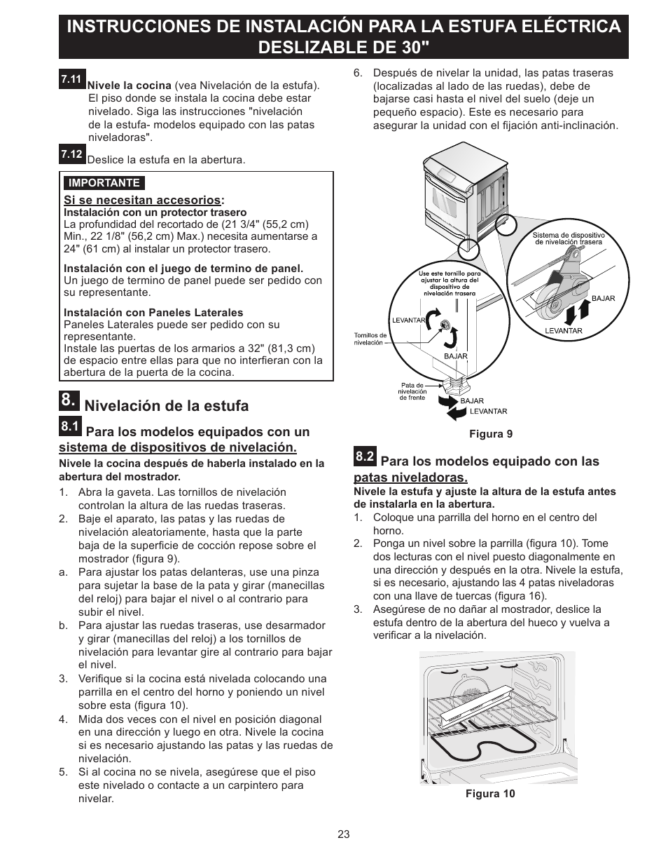 Nivelación de la estufa | FRIGIDAIRE FFES3025PW User Manual | Page 23 / 40